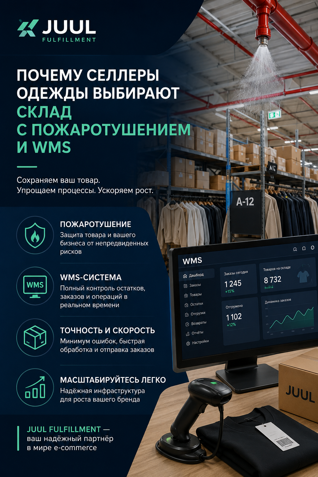 Фулфилмент JUUL: почему селлеры одежды выбирают склад с WMS и пожаротушением