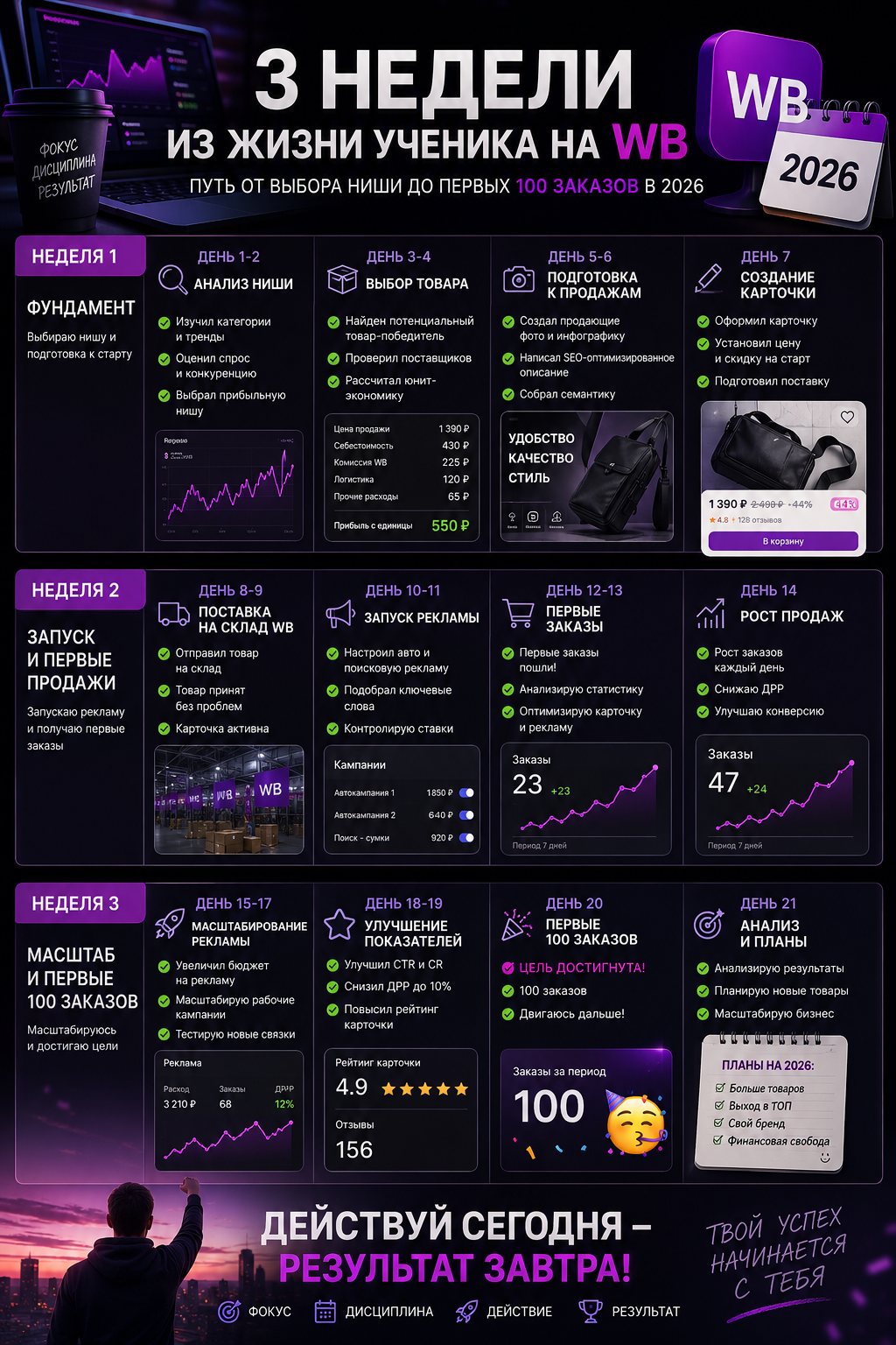 Как выйти на Wildberries с нуля в 2026 году: пошаговый план до первых 100 заказов за 3 недели. Личный опыт действующего селлера с оборотом 30+ млн: от выбора ниши и аналитики до эффективной рекламы и масштабирования. Избегайте ошибок новичков и экономьте бюджет с актуальной стратегией 2026. Читайте, как запустить бизнес удаленно и выйти в топ.