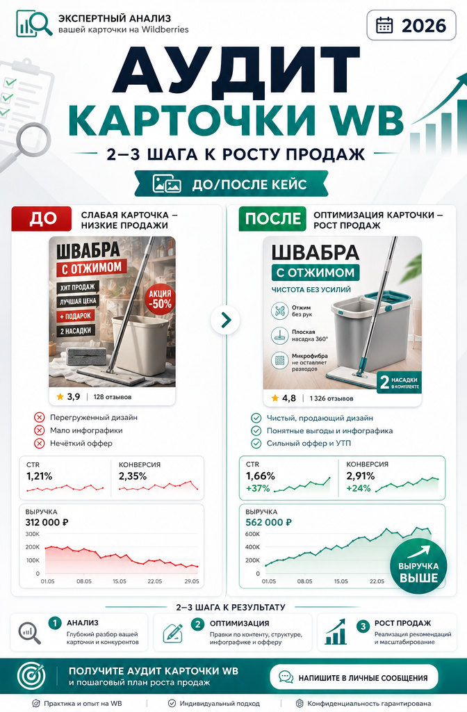 Аудит карточки WB 2026: 3 шага к росту продаж в кейсах до и после