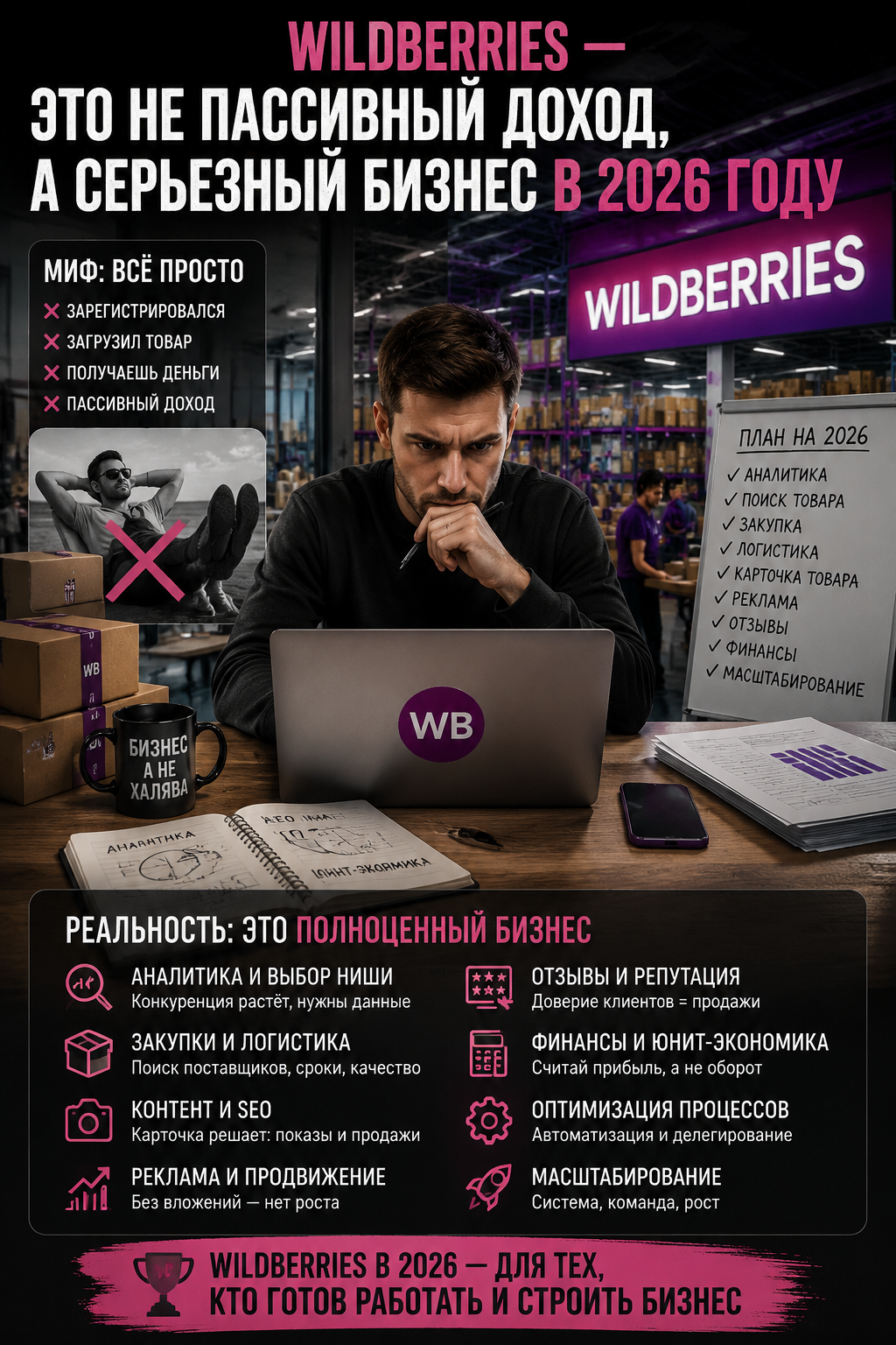 Бизнес на Wildberries в 2026 году: почему это не пассивный доход, а серьезная работа и как на ней зарабатывать. Экспертный разбор от селлера с оборотом 30 млн рублей. Узнай, как избежать ошибок новичков и системно масштабировать продажи без делегирования кураторам. Читайте реальный план запуска и роста.