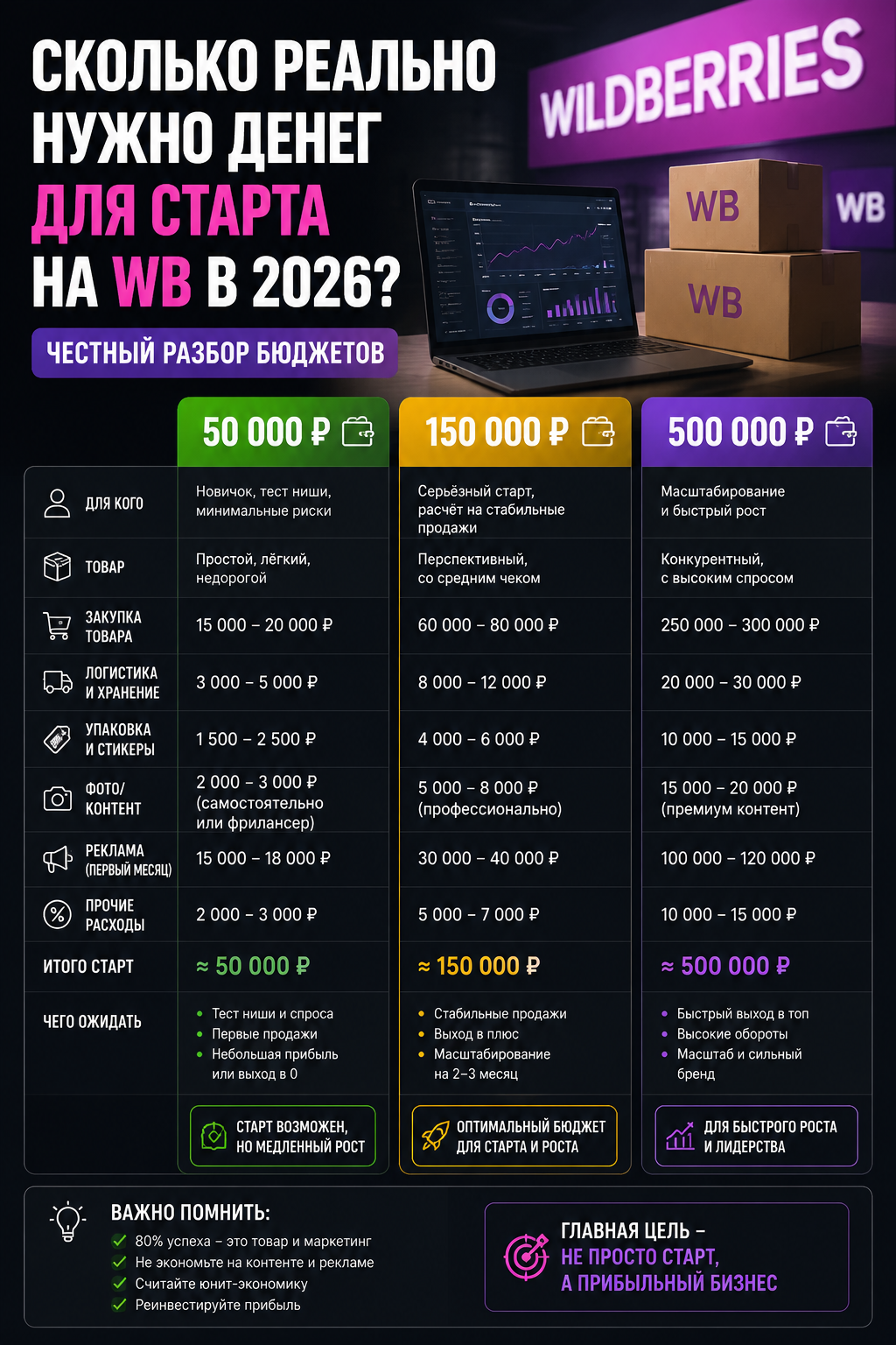Сколько нужно денег для старта на Wildberries в 2026? Честный разбор бюджетов: 50к, 150к и 500к для запуска с нуля. Как правильно распределить вложения, чтобы избежать типичных ошибок новичков и не слить бюджет при первой поставке. Пошаговое руководство по финансовому планированию бизнеса на маркетплейсах.